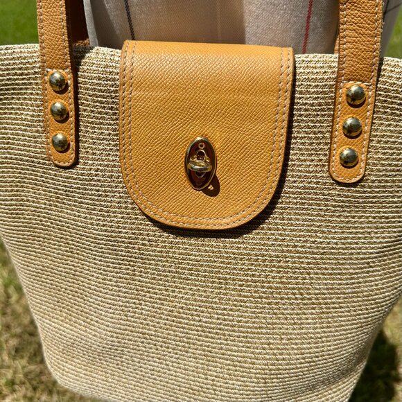 Eric Javits NY Natural Staw Raffia & Leather Trim Tan & Brown Woven Shoulder Bag - Picture 6 of 13